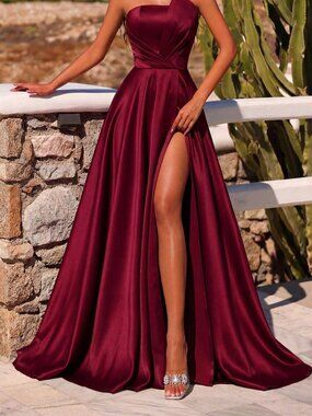 Burgundy Elegant Women's Ruched High Waist High Slit Backless Tie Dress